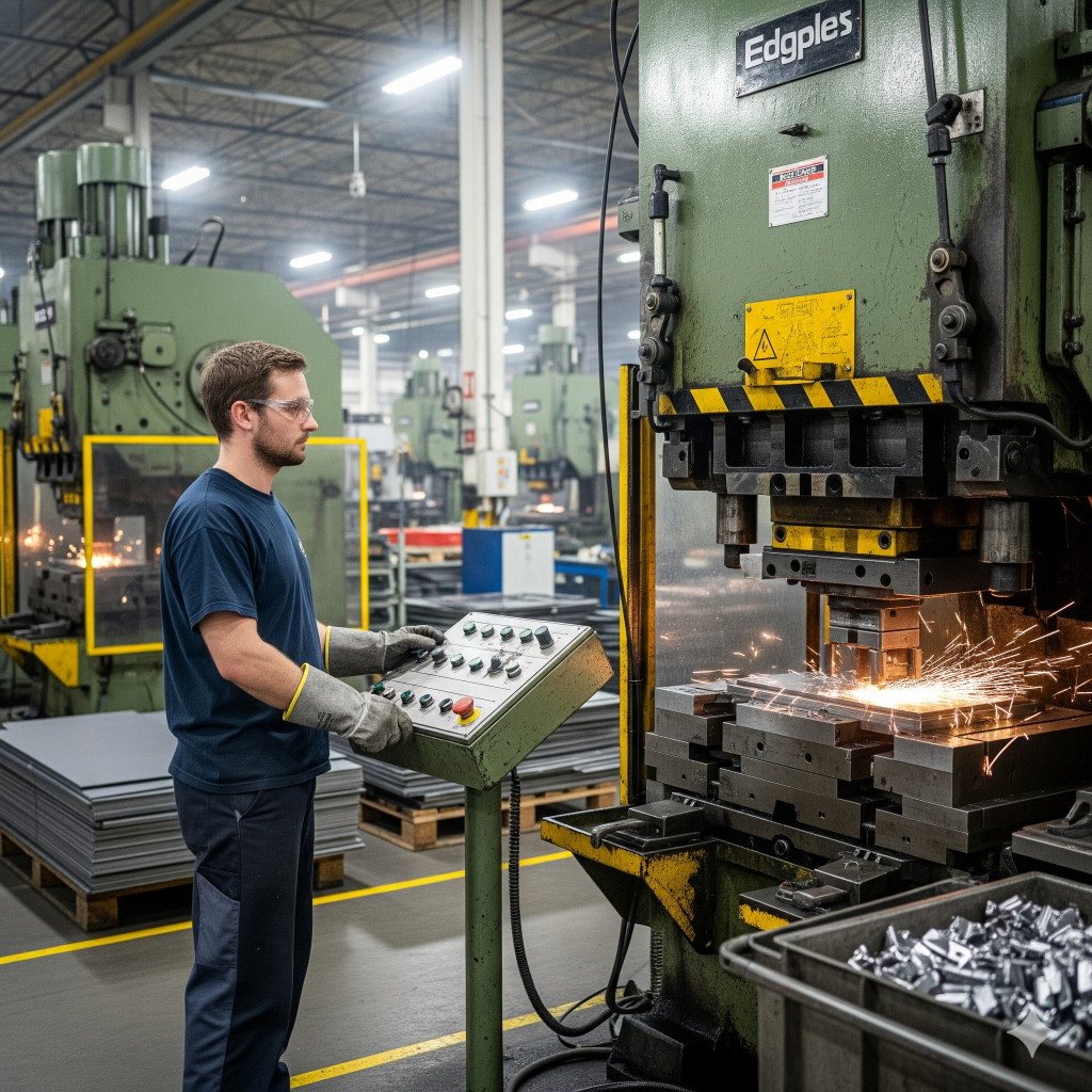 Operario realizando estampado de metales industriales